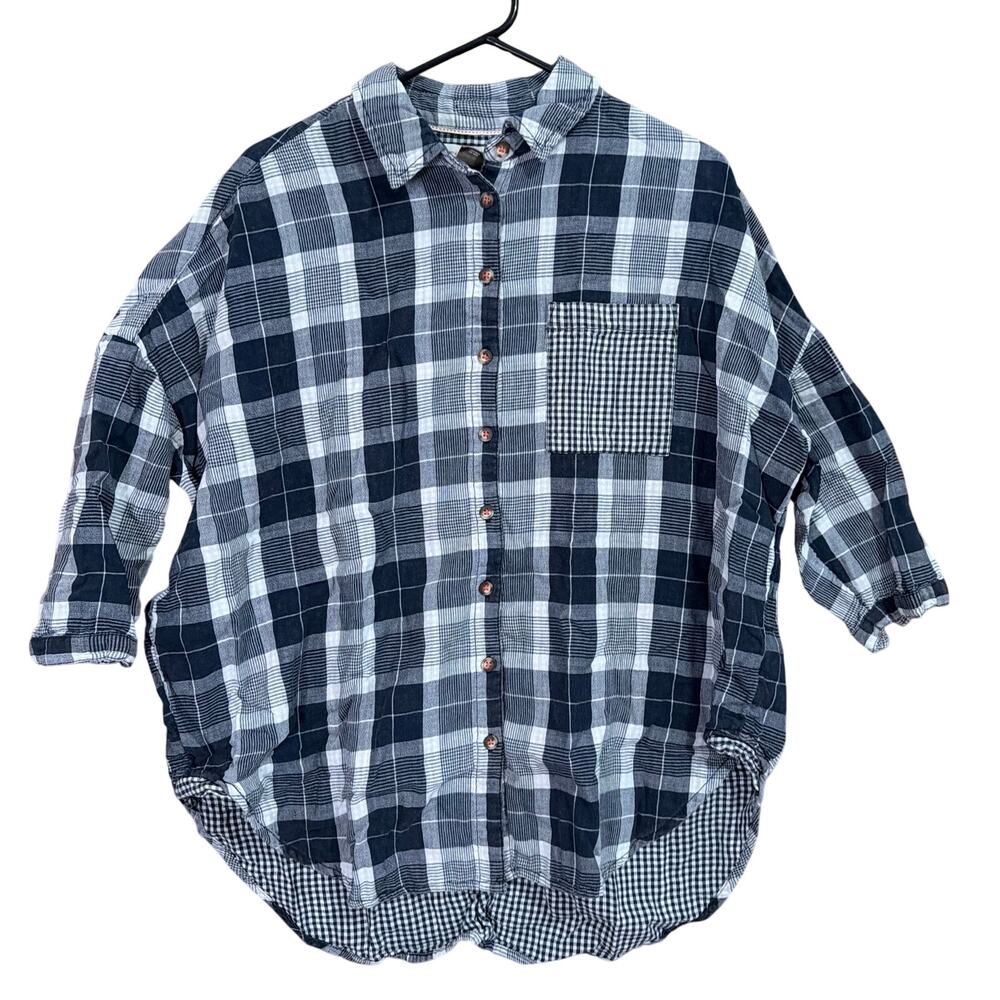 Anthropologie Pilcro Womens Shirt Navy Plaid Boyfriend Button Up Oversize XS/S